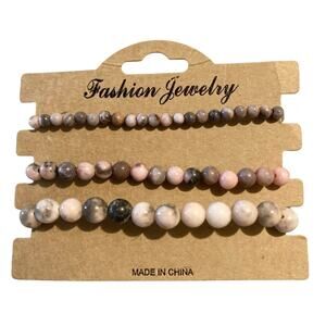 Natural Stone Beads Bracelets 3-Piece Set Pink Zebra Jasper BohoChic Fashion NEW